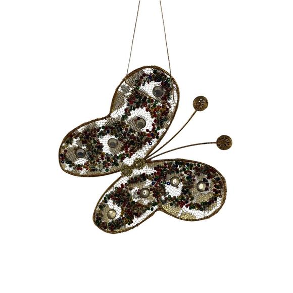 Vintage Gold Beaded Butterfly Christmas Ornament Mesh Hanging - Picture 15 of 15